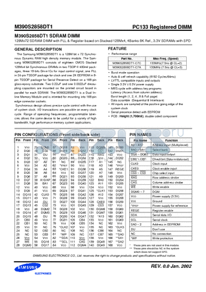 M390S2858DT1-C7A datasheet - 128Mx72 SDRAM DIMM with PLL & Register based on Stacked 128Mx4, 4Banks 8K Ref., 3.3V SDRAMs with SPD