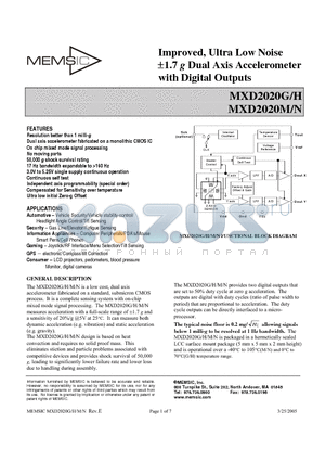 MXD2020H datasheet - Improved, Ultra Low Noise a1.7 g Dual Axis Accelerometer with Digital Outputs