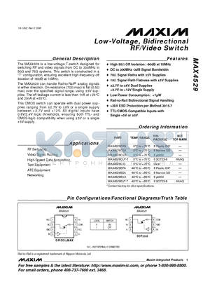 MAX4529CSA datasheet - Low-Voltage, Bidirectional RF/Video Switch