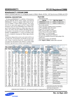 M390S6450CT1-C7A datasheet - 64Mx72 SDRAM DIMM with PLL & Register based on 64Mx4, 4Banks, 8K Ref., 3.3V Synchronous DRAMs with SPD