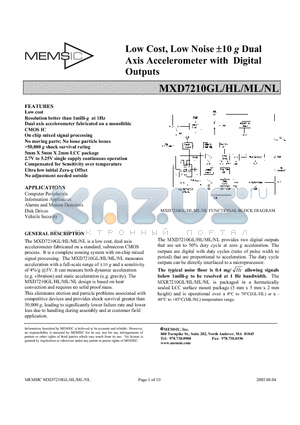 MXD7210GL datasheet - Low Cost, Low Noise -10 g Dual Axis Accelerometer with Digital Outputs