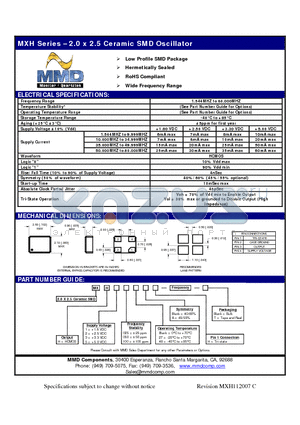 MXH datasheet - 2.0 x 2.5 Ceramic SMD Oscillator