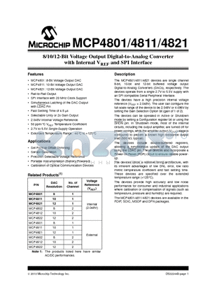 MCP4821 datasheet - 8/10/12-Bit Voltage Output Digital-to-Analog Converter with Internal VREF and SPI Interface