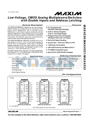 MAX4530CWP datasheet - Low-Voltage, CMOS Analog Multiplexers/Switches with Enable Inputs and Address Latching