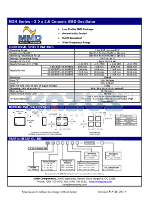 MXH1050AH datasheet - 2.0 x 2.5 Ceramic SMD Oscillator