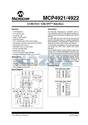MCP4922-E/SN datasheet - 12-Bit DAC with SPI Interface