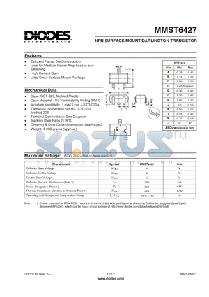 MMST6427-7 datasheet - NPN SURFACE MOUNT DARLINGTON TRANSISTOR