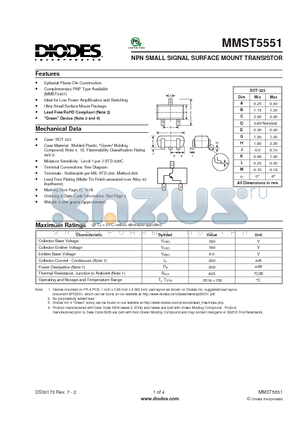 MMST5551_1 datasheet - NPN SMALL SIGNAL SURFACE MOUNT TRANSISTOR