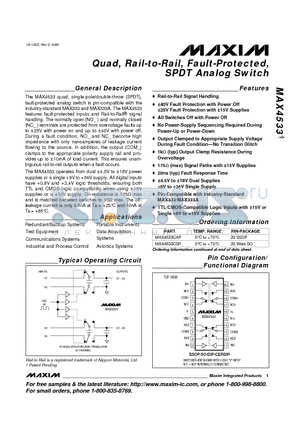 MAX4533EPP datasheet - Quad, Rail-to-Rail, Fault-Protected, SPDT Analog Switch