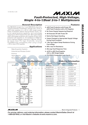 MAX4534 datasheet - Fault-Protected, High-Voltage, Single 4-to-1/Dual 2-to-1 Multiplexers