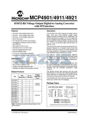 MCP4901-E/SN datasheet - 8/10/12-Bit Voltage Output Digital-to-Analog Converter with SPI Interface