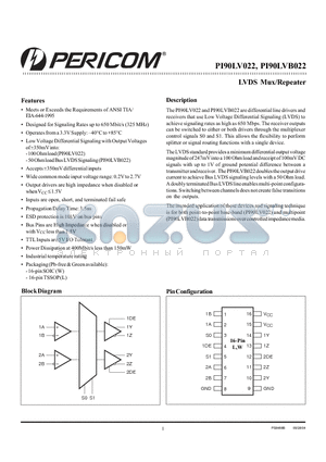 PI90LVB022W datasheet - LVDS Mux/Repeater