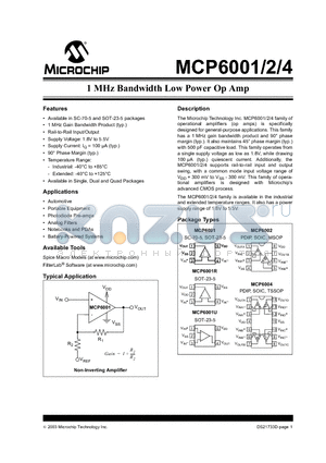 MCP6001IP datasheet - 1 MHz Bandwidth Low Power Op Amp