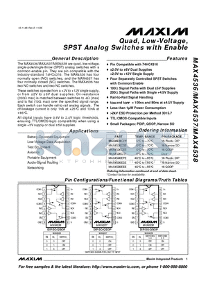 MAX4537CPE datasheet - Quad, Low-Voltage, SPST Analog Switches with Enable