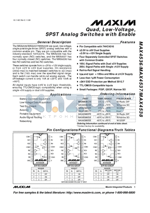 MAX4537EPE datasheet - Quad, Low-Voltage, SPST Analog Switches with Enable