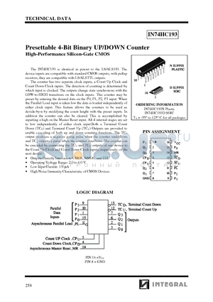 IN74HC193 datasheet - Presettable 4-Bit Binary UP/DOWN Counter High-Performance Silicon-Gate CMOS