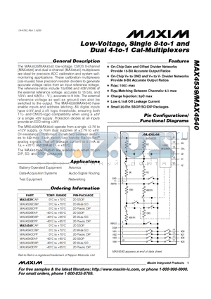 MAX4539 datasheet - Low-Voltage, Single 8-to-1 and Dual 4-to-1 Cal-Multiplexers