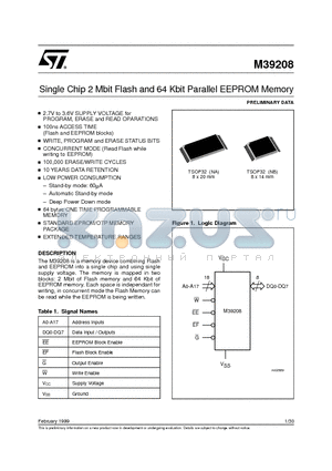 M39208-10WNB5T datasheet - Single Chip 2 Mbit Flash and 64 Kbit Parallel EEPROM Memory