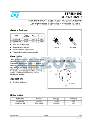 P5NK80ZFP datasheet - N-channel 800V - 1.9Y - 4.3A - TO-220/TO-220FP Zener-protected SuperMESH Power MOSFET