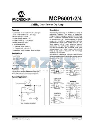 MCP6001UT-E/MS datasheet - 1 MHz, Low-Power Op Amp