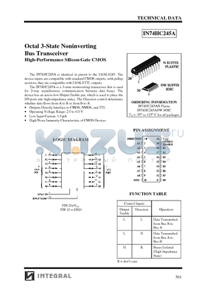 IN74HC245A datasheet - Octal 3-State Noninverting Bus Transceiver