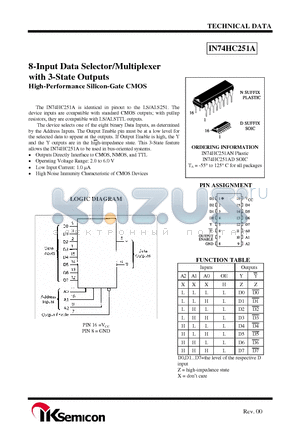 IN74HC251A datasheet - 8-Input Data Selector/Multiplexer with 3-State Outputs High-Performance Silicon-Gate CMOS