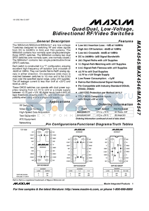 MAX4545CWP datasheet - Quad/Dual, Low-Voltage, Bidirectional RF/Video Switches