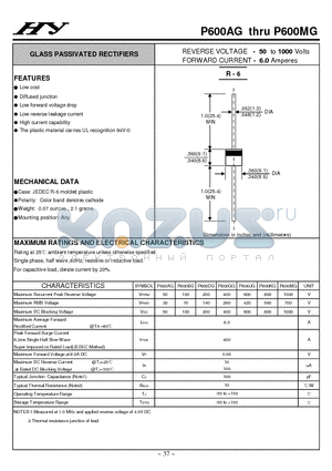 P600AG datasheet - GLASS PASSIVATED RECTIFIERS