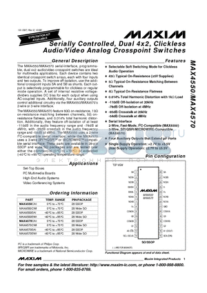 MAX4550CWI datasheet - Serially Controlled, Dual 4x2, Clickless Audio/Video Analog Crosspoint Switches
