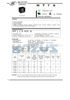 NT78A10DC24V0.8 datasheet - Small size, light weight. / Low coil consumption.