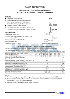 P600B datasheet - HIGH CURRENT PLASTIC SILICON RECTIFIER(VOLTAGE - 50 to 1000 Volts CURRENT - 6.0 Amperes)