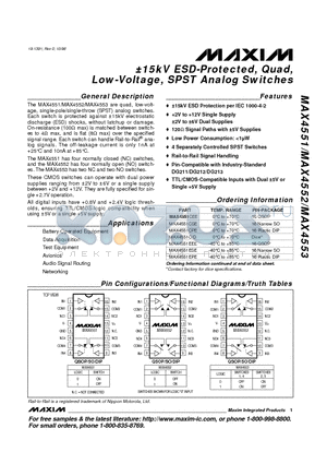 MAX4552CPE datasheet - a15kV ESD-Protected, Quad, Low-Voltage, SPST Analog Switches