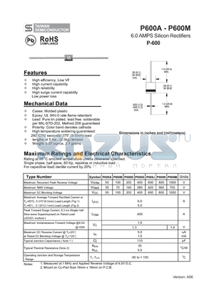 P600B datasheet - 6.0 AMPS Silicon Rectifiers