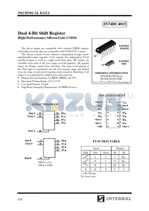 IN74HC4015D datasheet - Dual 4-Bit Shift Register High-Performance Silicon-Gate CMOS