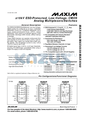 MAX4558-MAX4560 datasheet - a15kV ESD-Protected, Low-Voltage, CMOS Analog Multiplexers/Switches