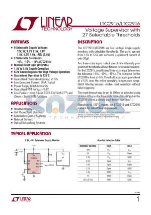 LTC2915HTS8-1-TRPBF datasheet - Voltage Supervisor with 27 Selectable Thresholds