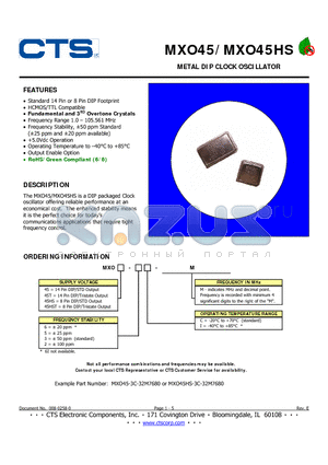 MXO45-2I datasheet - METAL DIP CLOCK OSCILLATOR