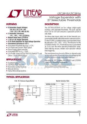 LTC2916 datasheet - Voltage Supervisor with 27 Selectable Thresholds