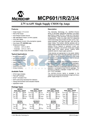 MCP601-I datasheet - 2.7V to 5.5V Single Supply CMOS Op Amps