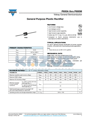 P600D datasheet - General Purpose Plastic Rectifier