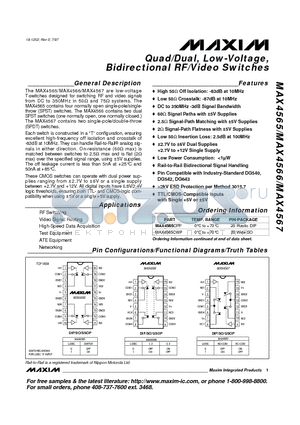 MAX4565CAP datasheet - Quad/Dual, Low-Voltage, Bidirectional RF/Video Switches