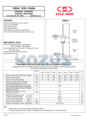 P600G datasheet - GENERAL PURPOSE PLASTIC RECTIFIER VOLTAGE:50 TO 1000V CURRENT: 6.0A