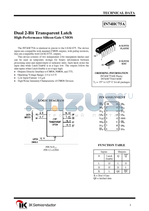IN74HC75A datasheet - Dual 2-Bit Transparent Latch High-Performance Silicon-Gate CMOS
