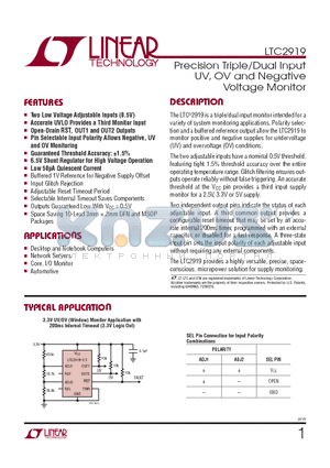 LTC2919 datasheet - Precision Triple/Dual Input UV, OV and NegativeVoltage Monitor