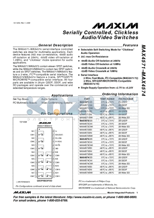 MAX4571CAI datasheet - Serially Controlled, Clickless Audio/Video Switches