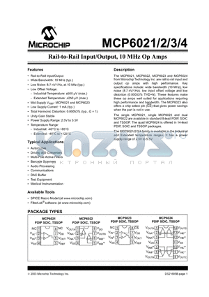 MCP6021-I/SL datasheet - Rail-to-Rail Input/Output, 10 MHz Op Amps