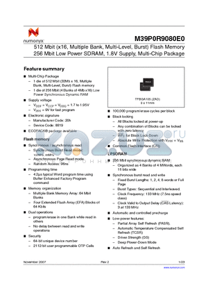 M39P0R9080E0ZAD datasheet - 512 Mbit (x16, Multiple Bank, Multi-Level, Burst) Flash Memory 256 Mbit Low Power SDRAM, 1.8V Supply, Multi-Chip Package
