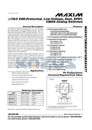 MAX4575 datasheet - 15kV ESD-Protected, Low-Voltage, Dual, SPST, CMOS Analog Switches