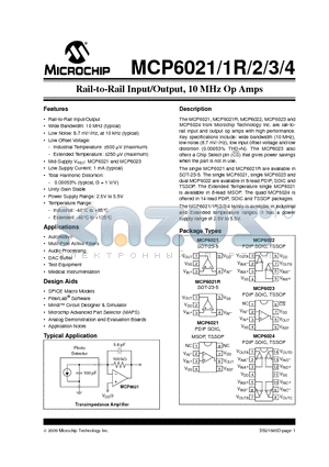 MCP6021R datasheet - Rail-to-Rail Input/Output, 10 MHz Op Amps