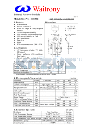 PIC-1018SMB datasheet - INFRARED RECEIVER MODULE